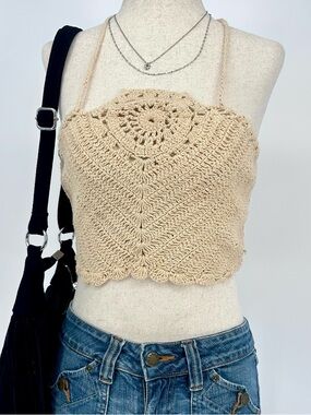 NWT Boho Crochet Halter Top Beige Open Knit Festival Y2K Summer Crop